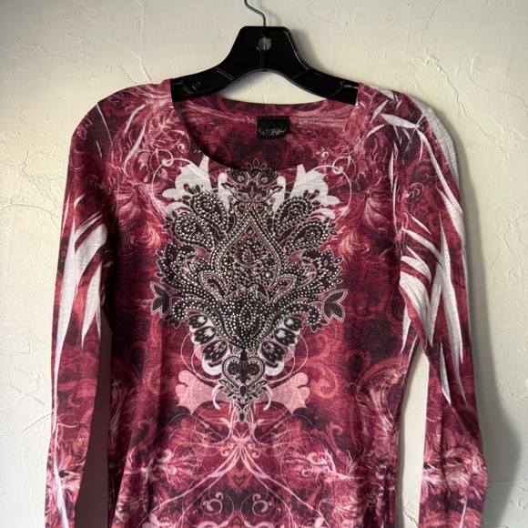 Daytrip Y2k Burgundy Burnout Paisley Rhinestone Long Sleev Top Grunge Whimsigoth - Picture 2 of 7